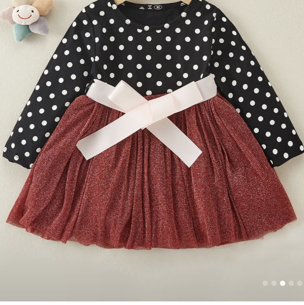 Red Toddler Girls Polka Dot Patchwork Tulle Dress Baby Kids Clothes - Picture 1 of 2